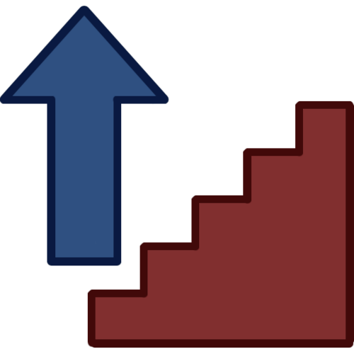 a red staircase with 5 steps. the staircase has a darker red outline. next to the staircase is a blue arrow, pointing upwards.